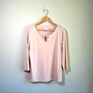 Calvin Klein 3/4 Sleeve Clasp Monogram Neckline Blouse Powder Pink Medium